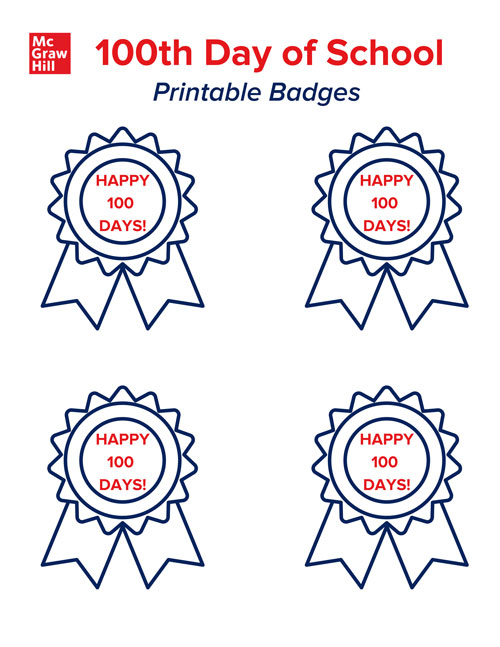 A page with printable badges reading “Happy 100 Days!”