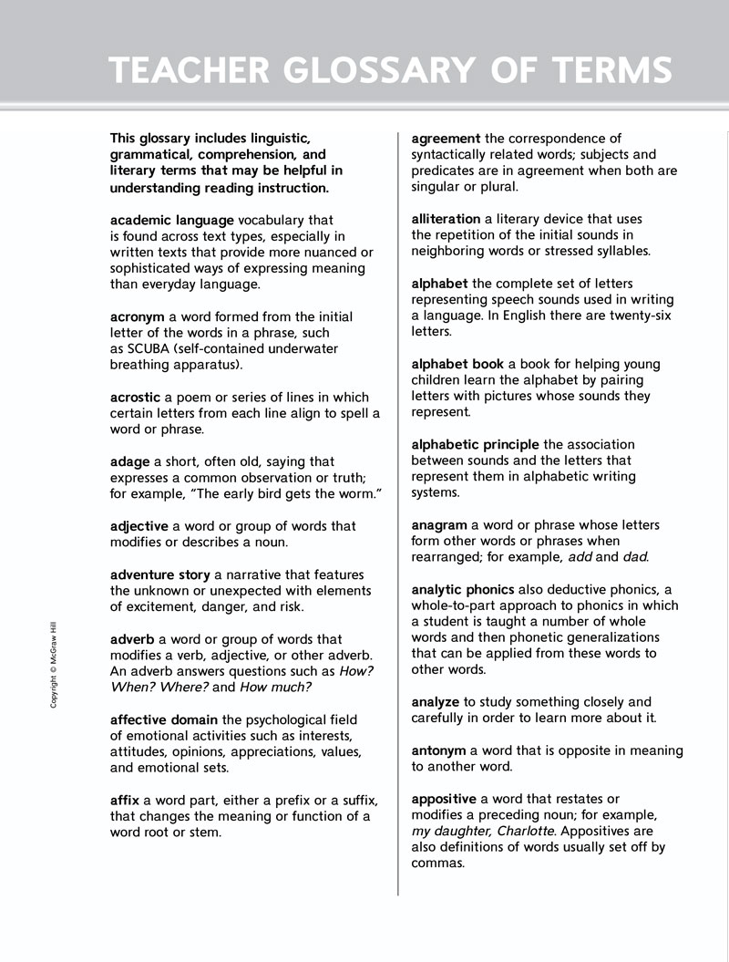 Teacher Literacy and ELA Terms Glossary