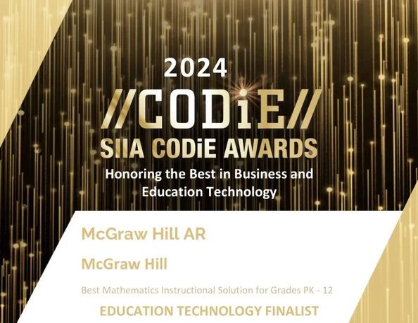 McGraw Hill AR Best Mathematics Instructional Solutions for Grades PK-12, 2024 Codie Awards Education Technology Finalist badge 