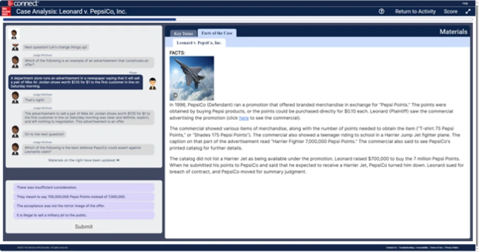 Connect interface screenshot showing example of business law case analysis exercise. 