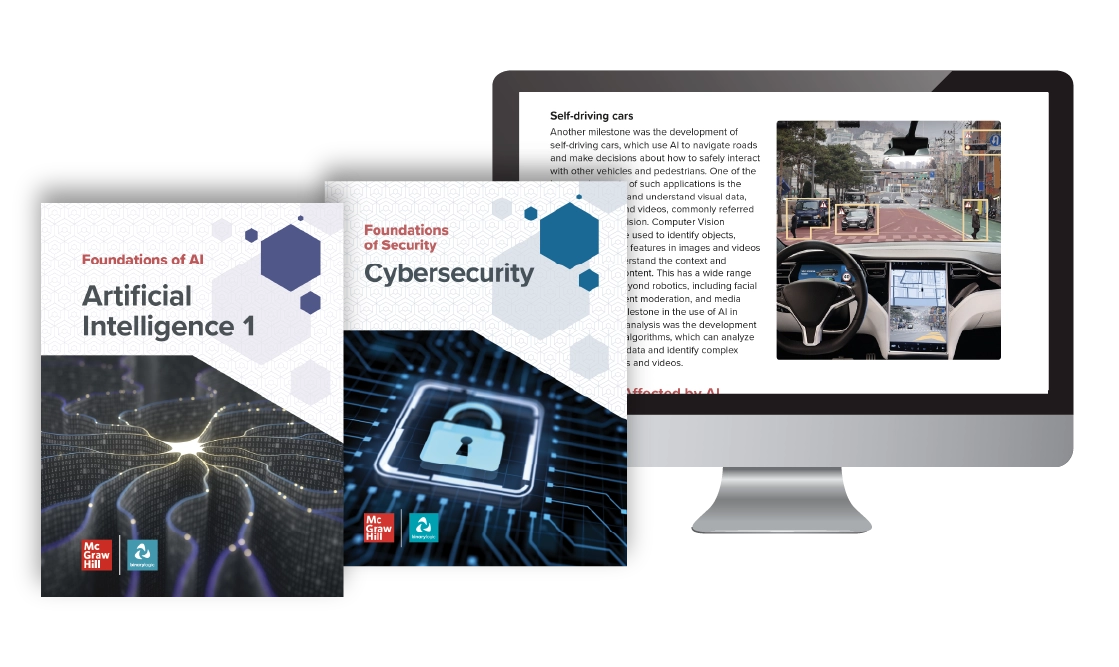 The textbook covers for the Foundations programs Artificial Intelligence 1 and Cybersecurity  beside a desktop featuring content from the Foundations digital program.