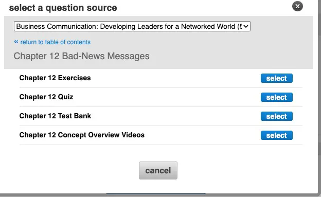 Screenshot showing McGraw Hill Connect's bank of test questions by chapter. 