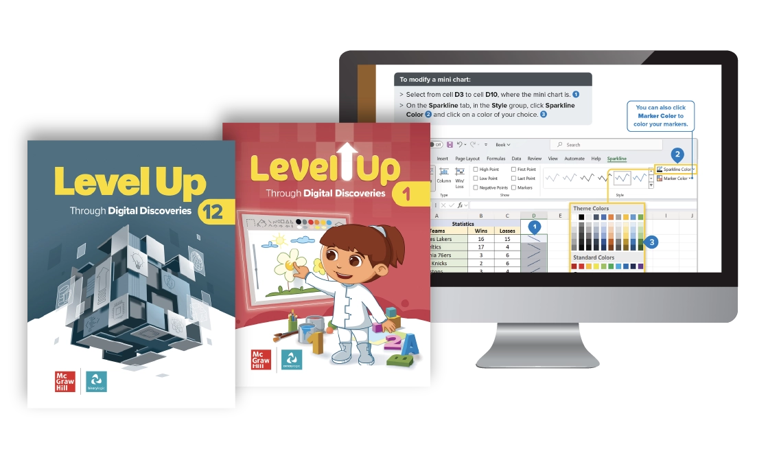 The textbook covers of Level Up for Grades 1 and 12 beside a desktop screen  with content from the Level Up digital program.