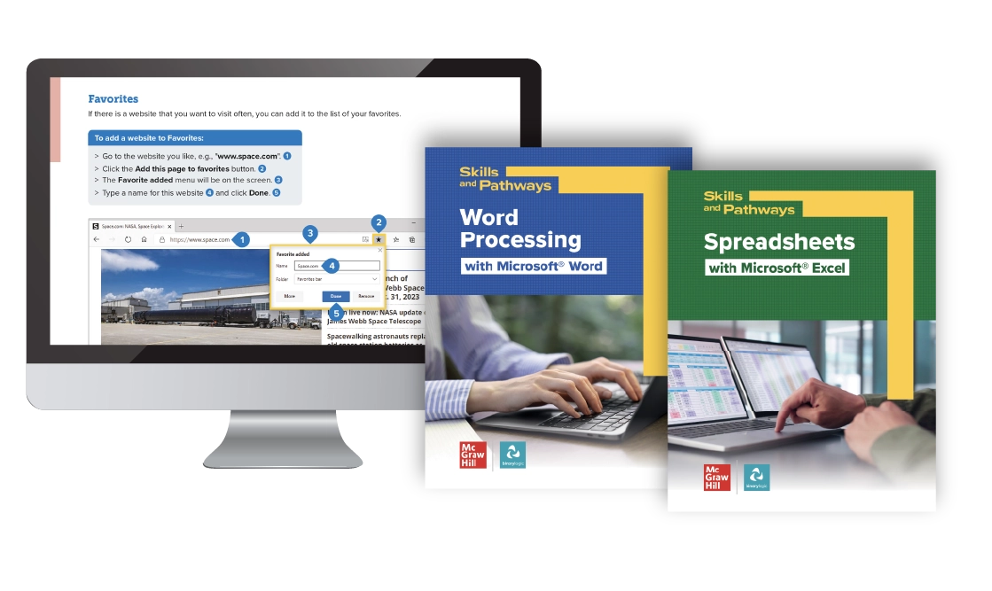 The textbook covers of the Skills and Pathways programs Word Processing with  Microsoft Word and Spreadsheets with Microsoft Excel beside a desktop screen  featuring content from the Skills and Pathways digital program.