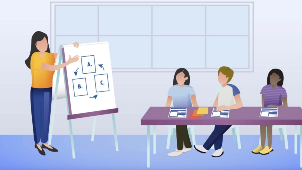 cartoon illustration of a teacher showing a chart to students sitting at a table